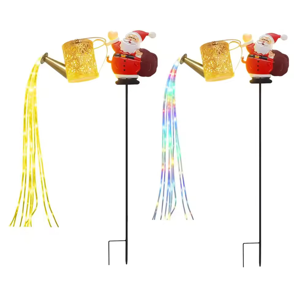 Solar Lights Outdoor Santa Watering Can Kettle Lights LED Fairy Lights Waterproof Metal Garden Lantern for Yard Patio Lawn