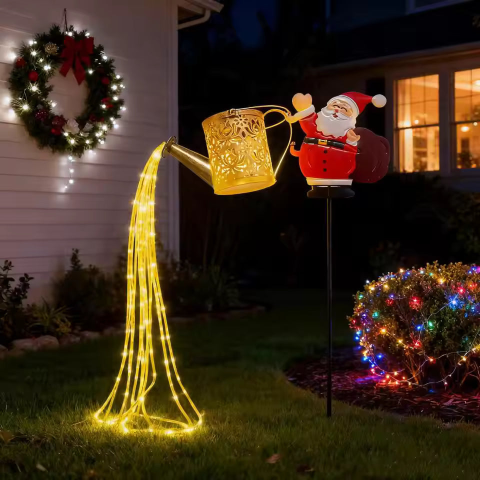 Solar Lights Outdoor Santa Watering Can Kettle Lights LED Fairy Lights Waterproof Metal Garden Lantern for Yard Patio Lawn